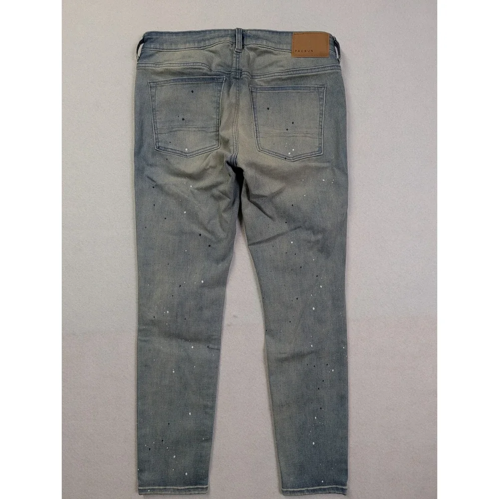 PacSun Mens Skinny Jeans 32 x 30 Paint Splatter Distressed Light Wash Blue